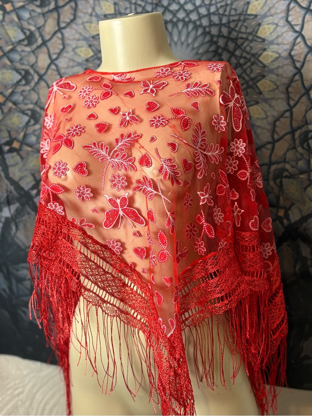 Red Embroidered Fringe Shawl / Scarf Wrap